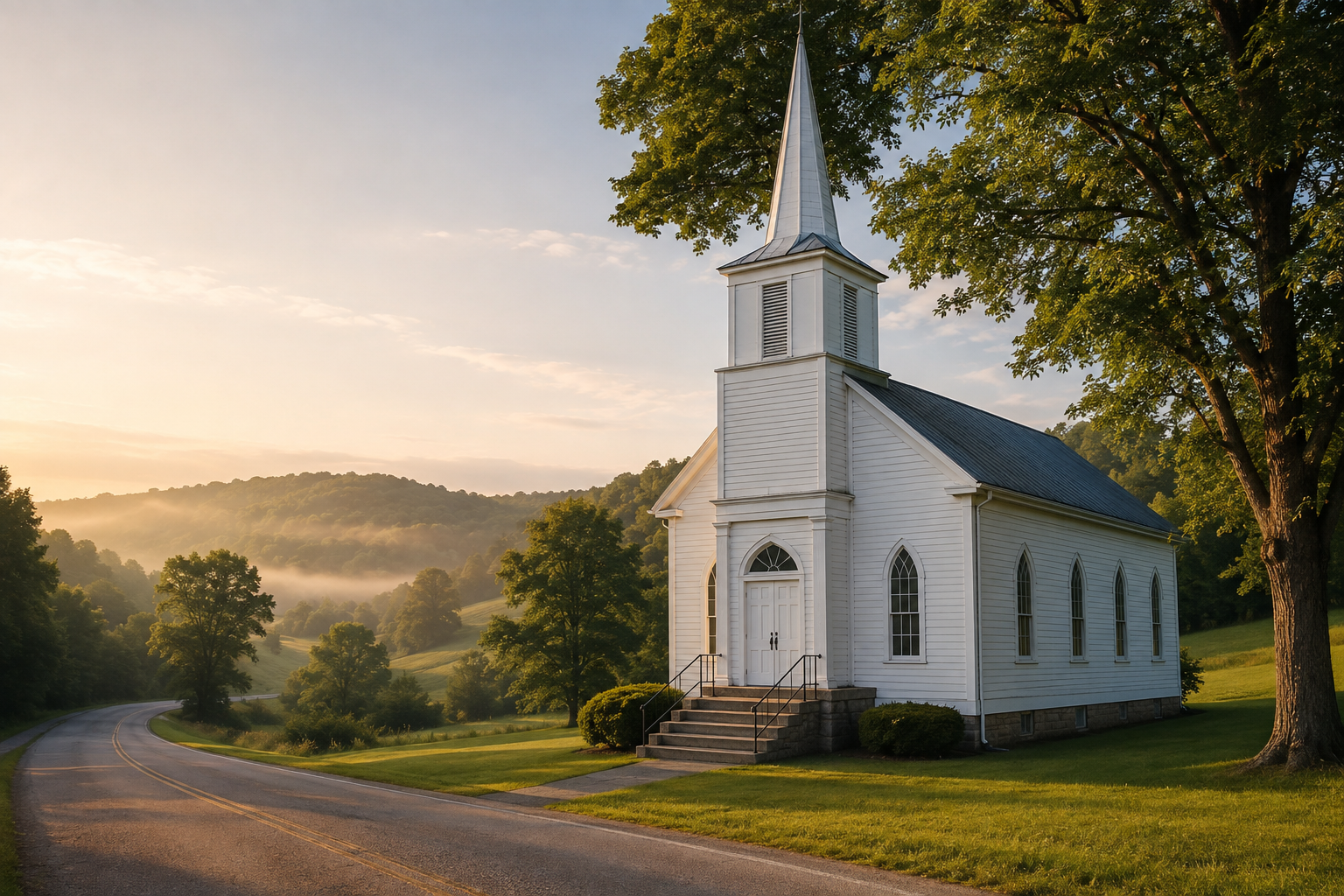 A peaceful white country church with a front entrance, steps and steeple along a quiet southeastern Ohio road